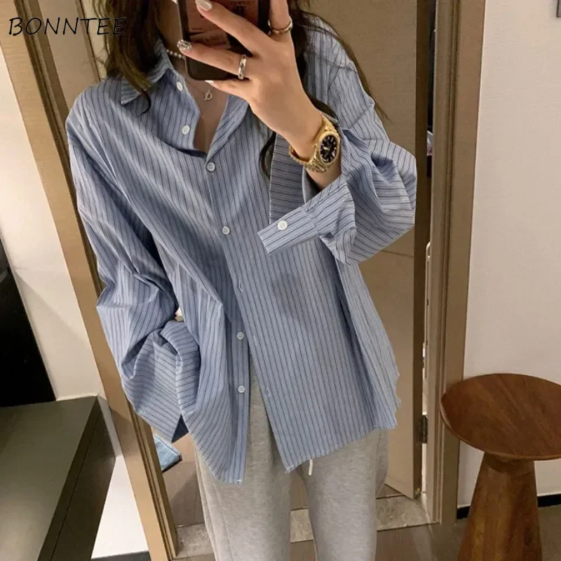 Shirts Women Striped Korean Fashion Loose Fit Popular Asymmetrical Design Classic All-match Streetwear Harajuku Spring Simple