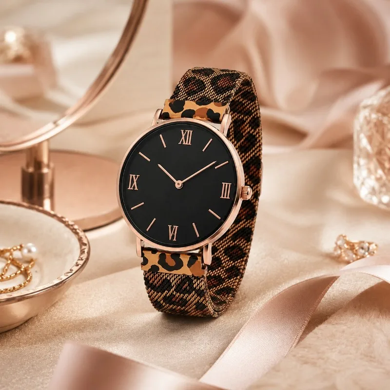 New Fashion Women Watch Simple Rose Gold Case Roman Numeral Dial Leopard Pattern Nylon Mesh Band Ladies Quartz Clock Reloj Mujer