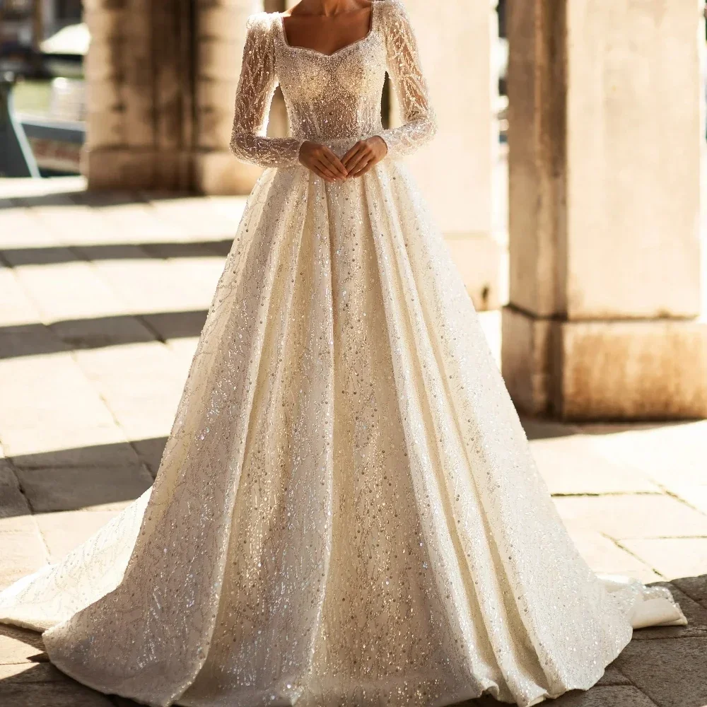 

Flavinke Customized A Line Women Wedding Dresses 2025 Sweetheart Neck Long Sleeves Bridal Gowns Sequins Lace Sweep Train Dresses