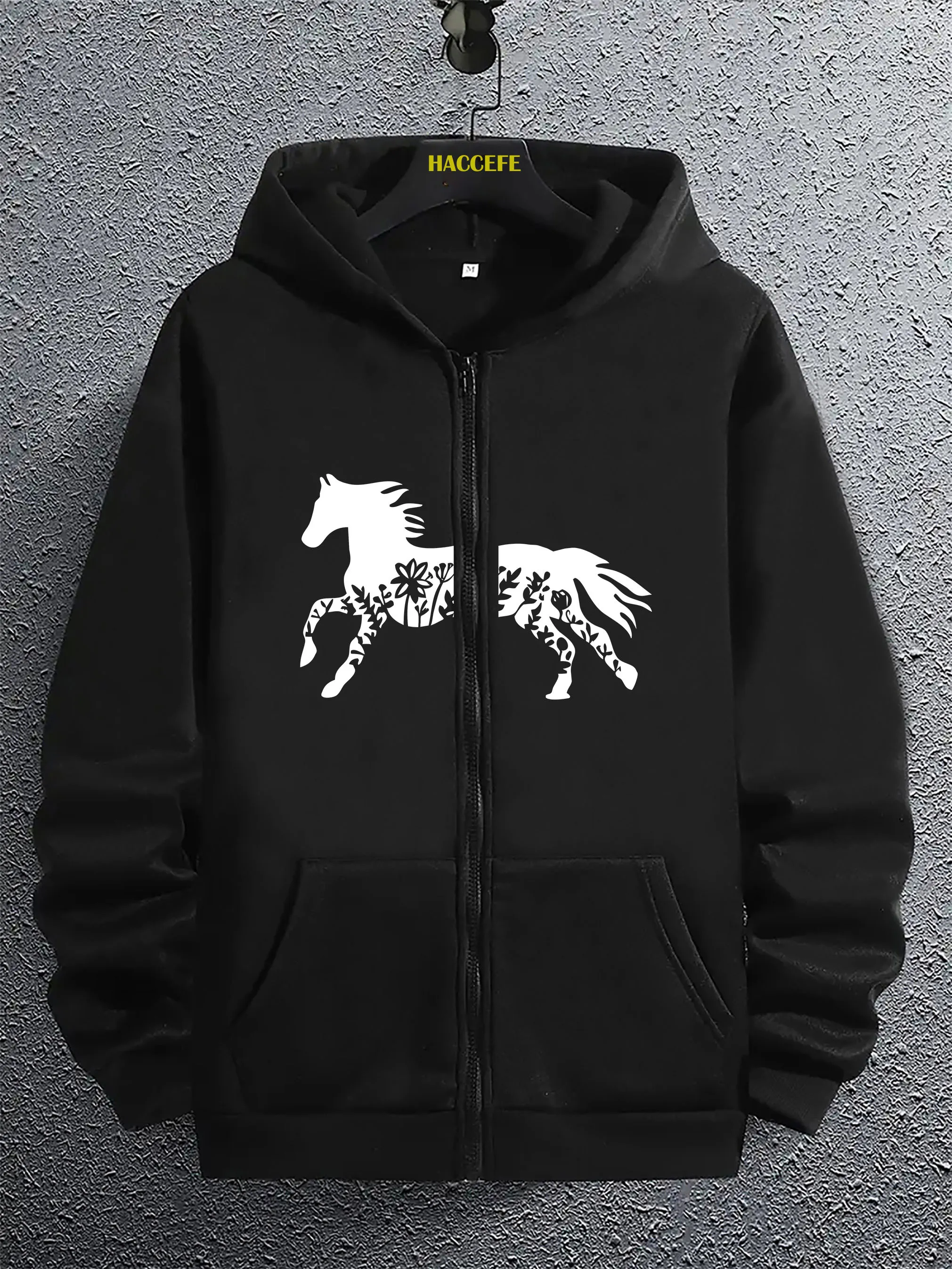 هوديي رجالي عصري بسحاب بنمط حصان مهيب وسحاب كامل تصميم كاجوال بأكمام طويلة للخريف/الشتاء #1