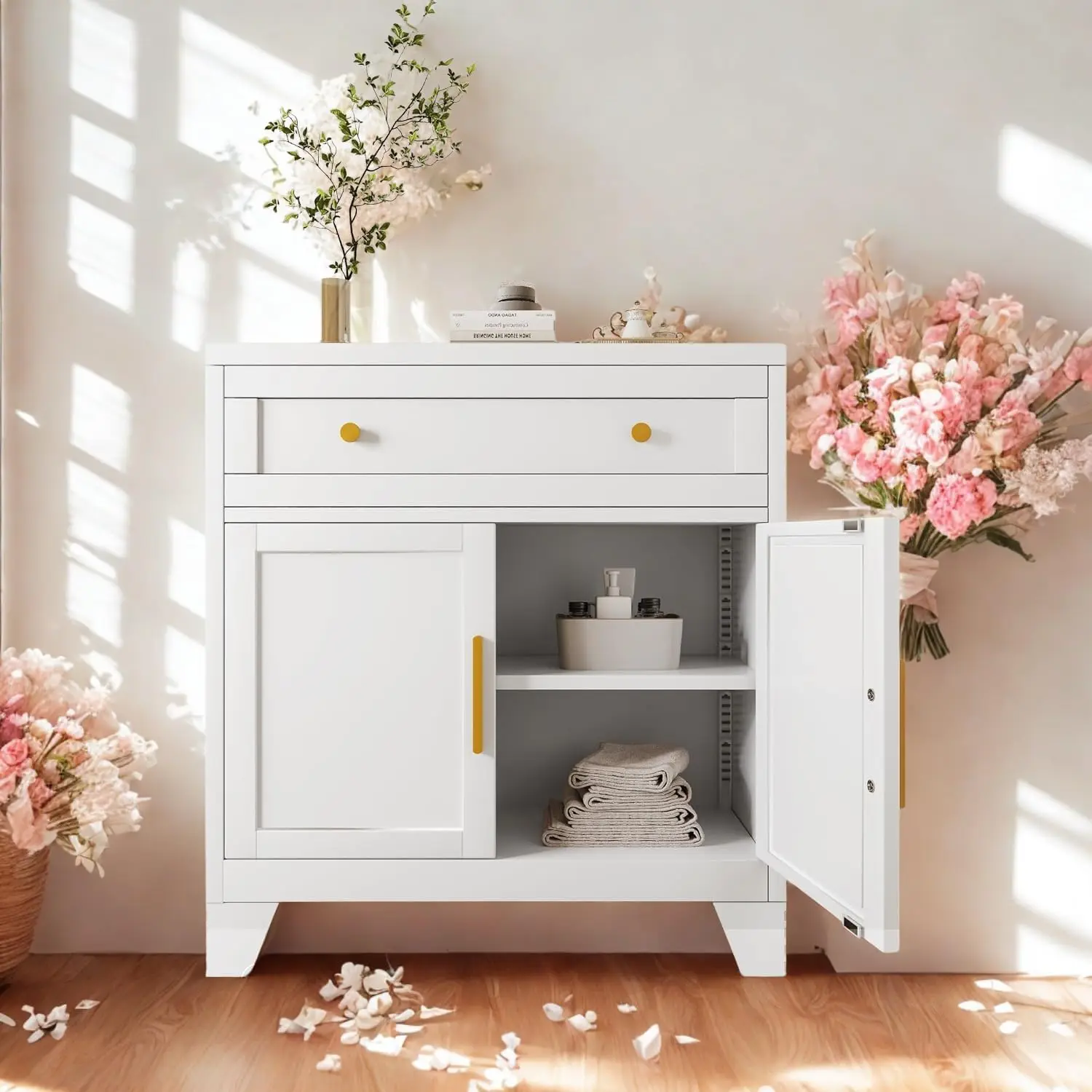 White Metal Buffet Cabinet with Storage for Kitchen or Dining Room