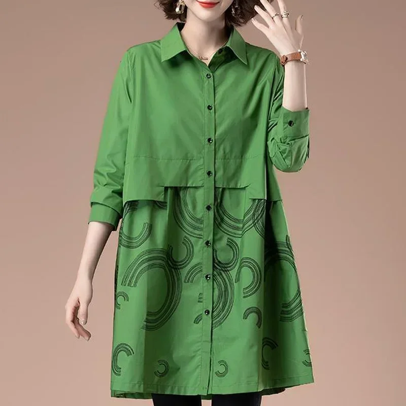 

Spring Autumn New Patchwork Mid Length Shirt Tops Long Sleeve Polo Neck Solid Plus Size Blouse Vintage Fashion Women Clothing