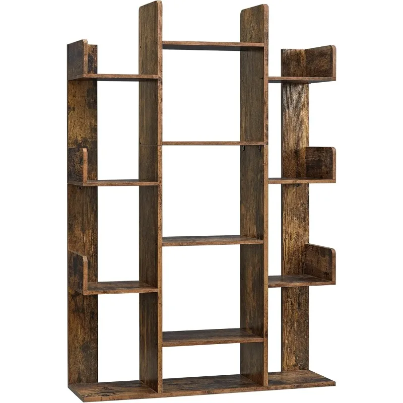 Tree-Shaped Bookcase with 13 Storage Shelves, Rounded Corners, 9.8”D x 33.9”W x 55.1”H, Rustic Brown