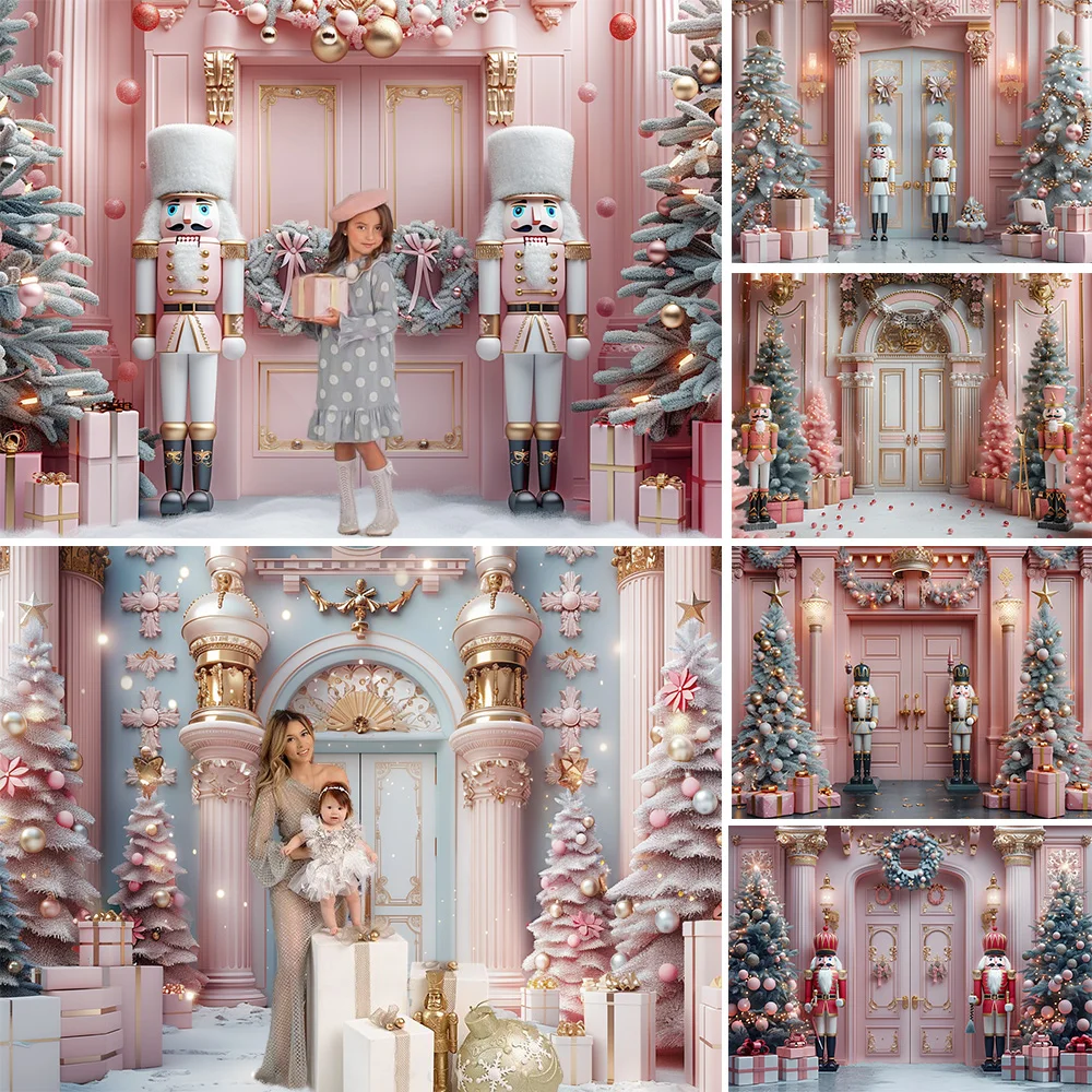 

Christmas Nutcracker Soldier Photography Background Pink Palace Door Xmas Tree Wreath Gift Backdrop Booth Winter Kid PhotoStudio