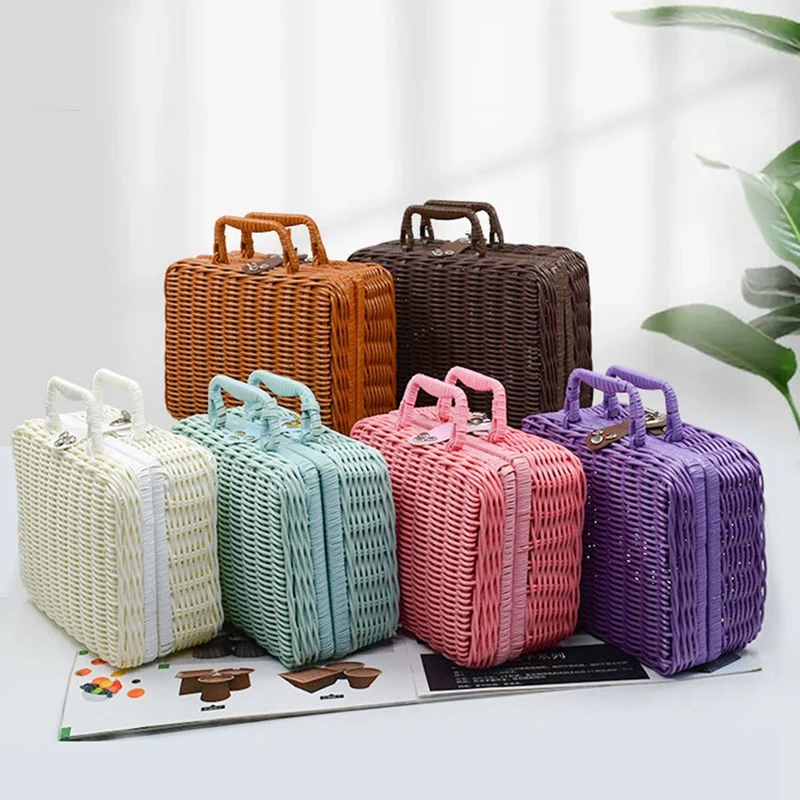 Retro Imitation Rattan Picnic Basket Woven Suitcase Hand Woven Photography Props Home Decoration Storage