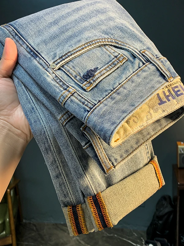 

Ретро джинсы с вышивкой и эффектом потертости, мужские повседневные прямые брюки, весна-осень, новинка, американский модный бренд, стильная одежда