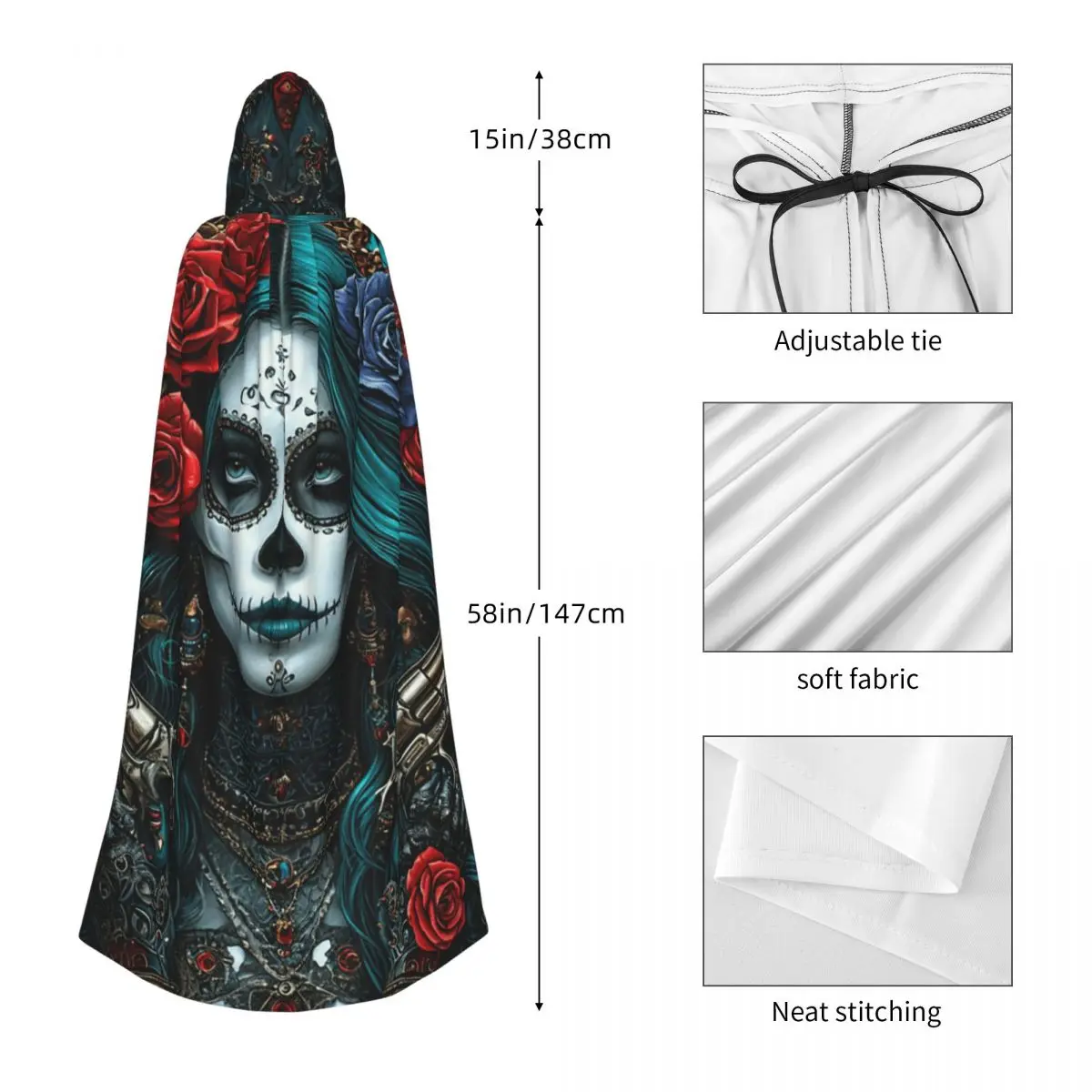 Мексиканский череп, женский винтажный стиль, длинный плащ с капюшоном, ведьма, средневековый костюм, накидка для косплея, Хэллоуин, вечеринка для взрослых, унисекс