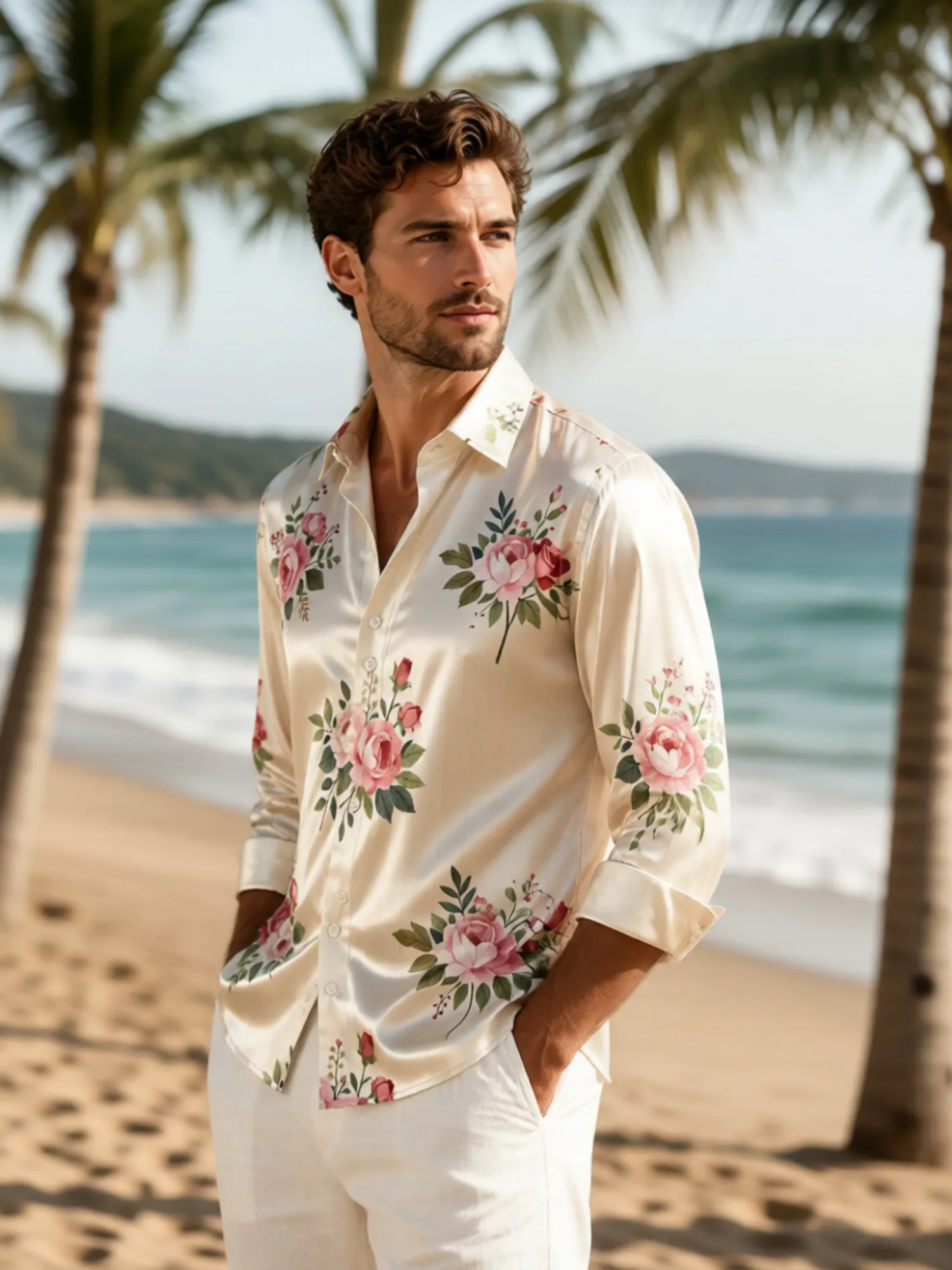 Mens Satin Long Sleeve Button Down Printed Dress Shirt Soft Smooth Fabric Comfort For Business Commute Office Work Everyday Wear