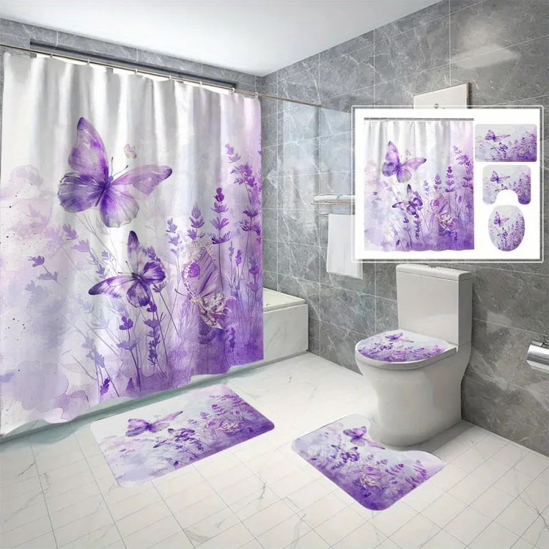 4pcs Purple Butterfly Shower Curtain Set with 12 Hooks - Waterproof & Moisture-Repellent, Includes Non-Slip Bath Mat, U-Shaped T
