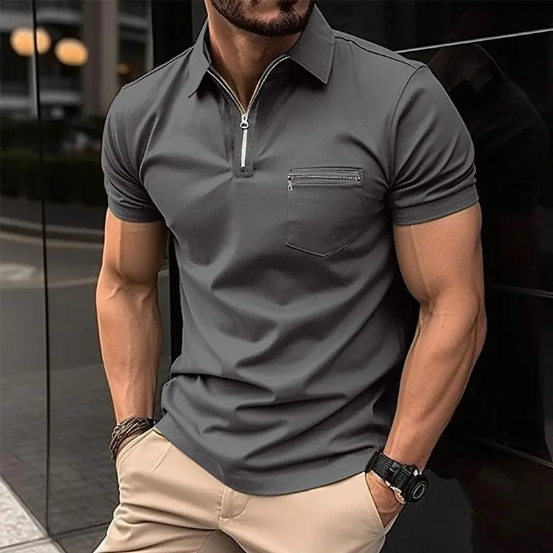 Stylish Men's zipper pocket Short sleeve POLO Shirt Cool Summer casual daily outdoor sports business Korea-style solid color Top