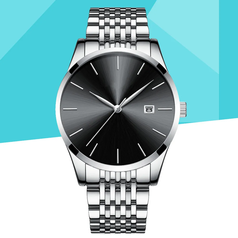 

Элитные мужские кварцевые наручные часы из нержавеющей стали, черно-серебристые, водонепроницаемые, с календарем, точное время, подарок для него