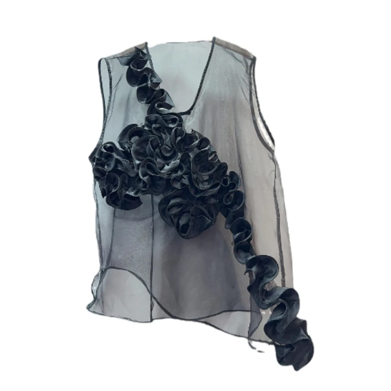 

2024 Summer New Niche Socialite Three-Dimensional Flower Design Mesh Transparent V-neck Vest Tank Women Vacation Top Outer Vest