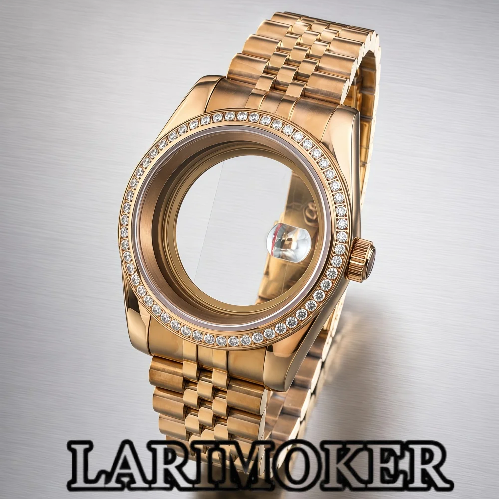 larimoker boitier-de-montre-36mm-39mm-compatible-avec-nh35-nh36-eta2824-pt5000-lunette-en-or-rose-et-diamants-verre-saphir-acier-inoxydable-pieces-de-modification