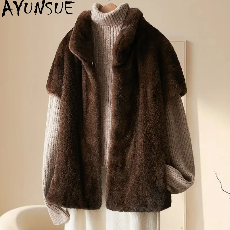 

AYUNSUE Natural Whole Mink Fur Coat Woman Winter Fur Vest Stand Collar Stylish Tops for Woman Clothes New in Outerwears Manteau