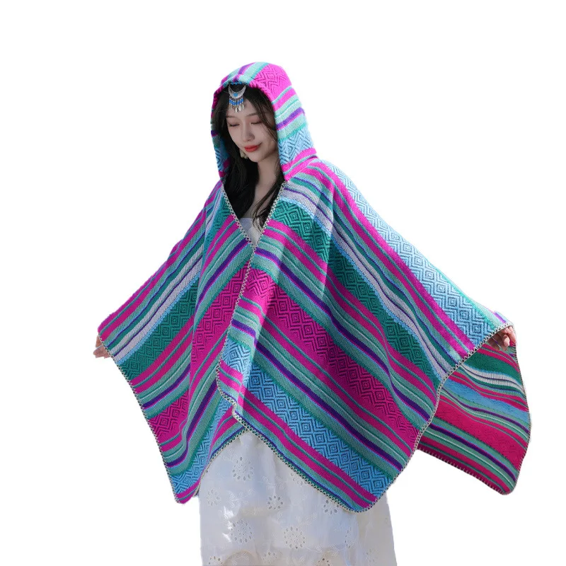 Split Hooded Shawl for Men Women Vintage Ethnic Cape Imitation Cashmere Poncho Thick Warm Cloak Men\'s Capes Coat Autumn Winter