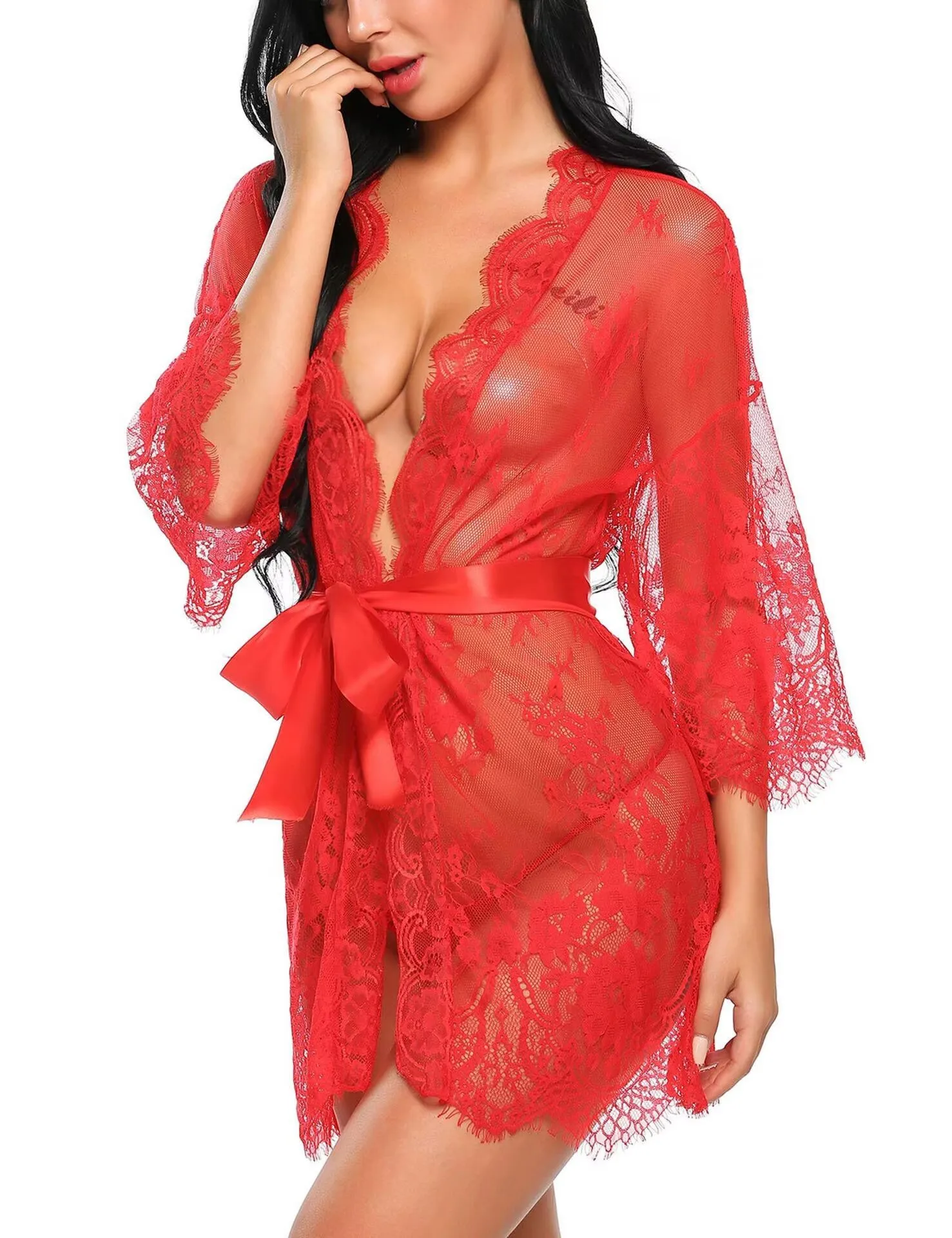 

Women's Lace Kimono Robe Set - Sexy Transparent V-Neck Sleepwear Dress with G-String, Erotic Babydoll Lingerie Nightwear