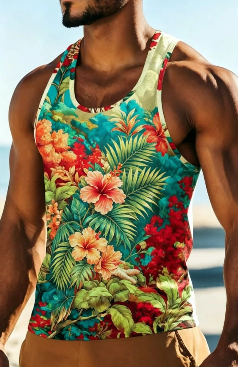 Men's tropical jungle animal and plant printed sleeveless tank top, for beach travel, daily travel, and casual wear
