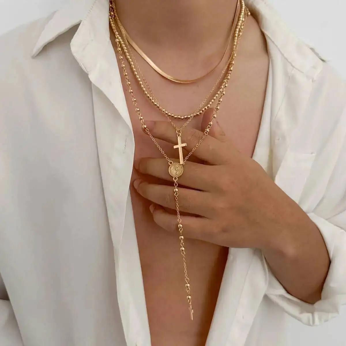 

4Pcs/Set Simple Cross Jesus Coin Pendant Choker Necklace for Men Collares Goth Adjustable Snake Chain Neck Jewelry New