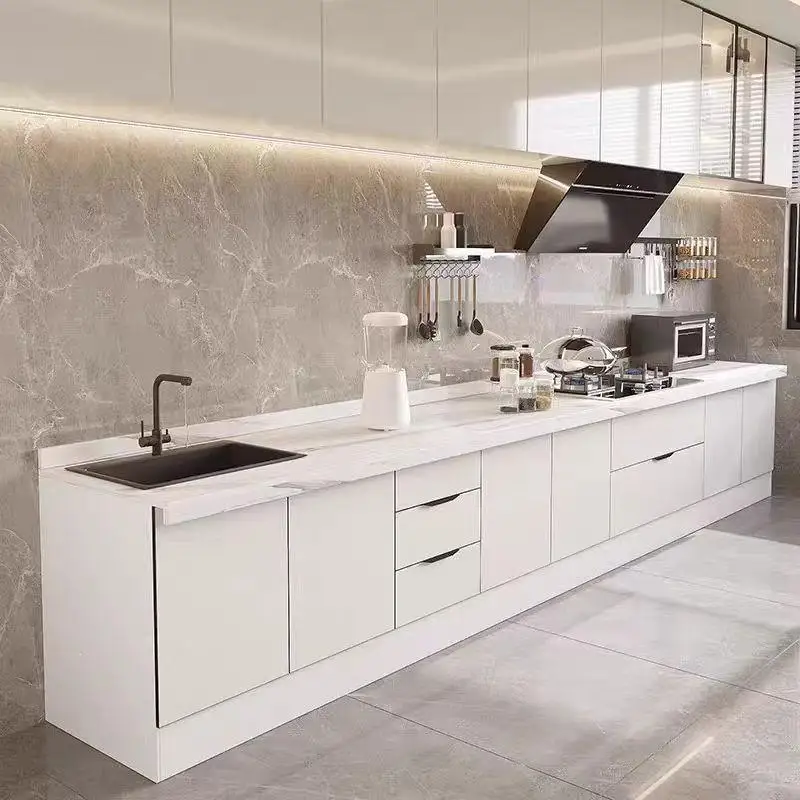 Cabinet Home Kitchen Solid Wood Cabinet Door Marble Countertop Stainless Steel Sink Vegetable Basin Assembly Console Slate