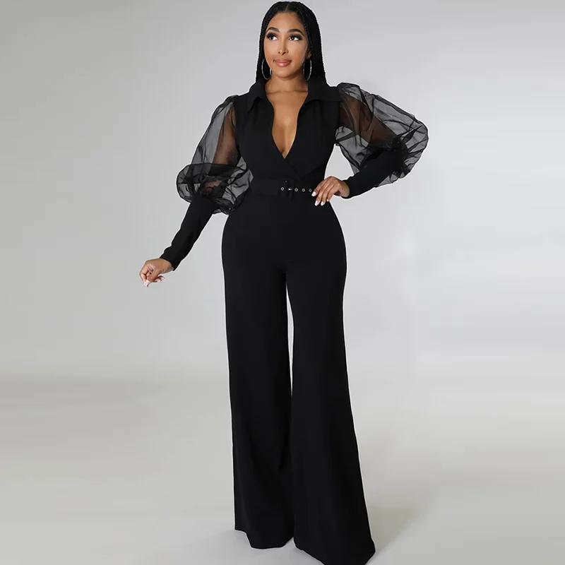 

Elegant Festival Party Jumpsuit Women Clothing Mesh Lantern Sleeve and Flare Pants Club Outfits for Women Casual V-neck Rompers