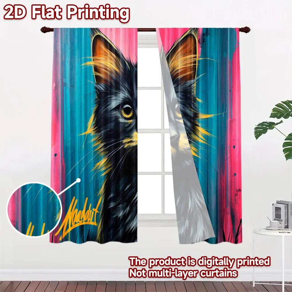 2D flat printing 2pcs Curtain Black Cat Gold Chain Digital Printed Polyester Drapes Festive Holiday for Indoor Celebrations Room
