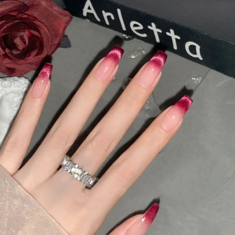 30 Pcs False Nails with Glue French Coffin Nails Press on With Charms Long Rose Gradient Cat Eye Fashion Nail Tips for Girls