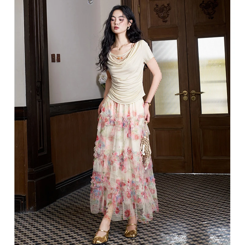 ELFSACK Floral Butterfly Print Tiered Maxi Skirt, Gothic Court Chiffon A-Line Long Skirt, Sweet Casual Daily Bottoms for Women - Image 4