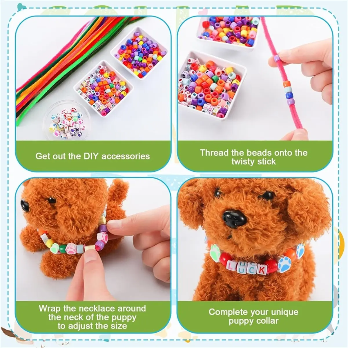 ABCD DIY Pet Dog Collar Kit, 1124 Pieces with Pipe Cleaners, Plastic Beads, Alphabet Beads, Wooden Discs, Pet Party Supplies