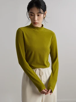 DUSHU נשים צווארון גבוה סוודרים סתיו נשים חולצות תחתונות צמודות שרוול ארוך חולצות נשים סוודר חורף 23DS83168