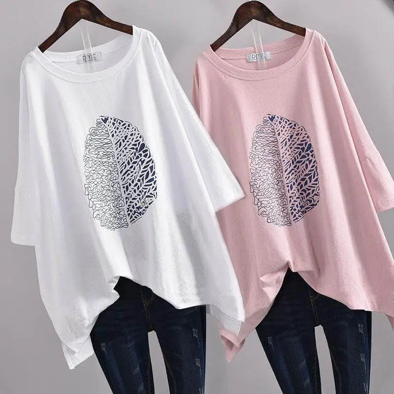 Summer New Printing Plus Size Tops Tees Round Neck Short Sleeve Loose Basic Pullovers Casual Fashion Women Clothing