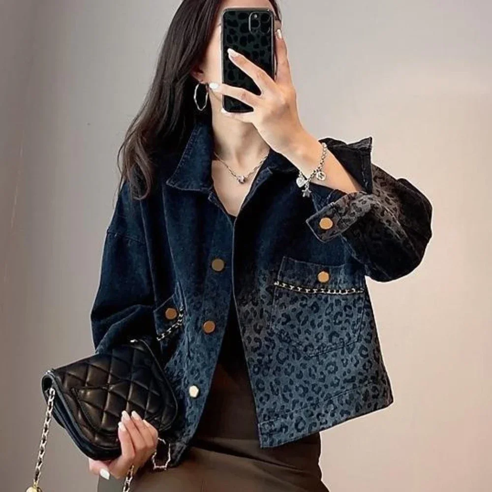 Female Jeans Coat Short Spring Autumn Small Crop Outerwears Graphic Blue Leopard with Print Women\'s Denim Jackets Black Designer