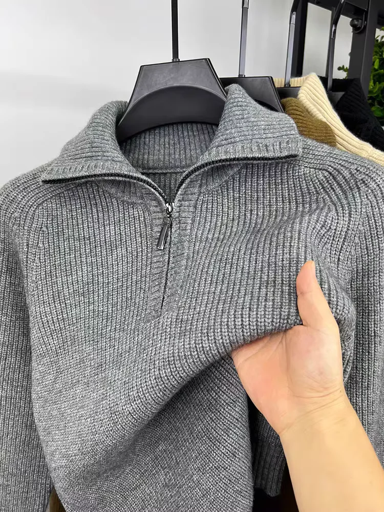 High quality luxury 2024 autumn and winter fashion new trend solid color lapel men's sweater casual warm thick  knit  pullover