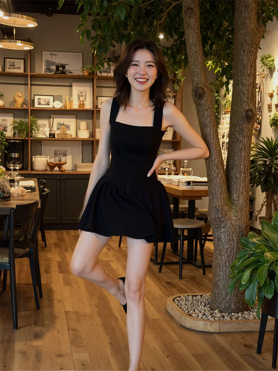 Women'S Black Dresses Woman Elegant A-Line Chic Soft Classy Halterneck Rhinestone Cut-Out Gradient Flocking One-Piece Solid