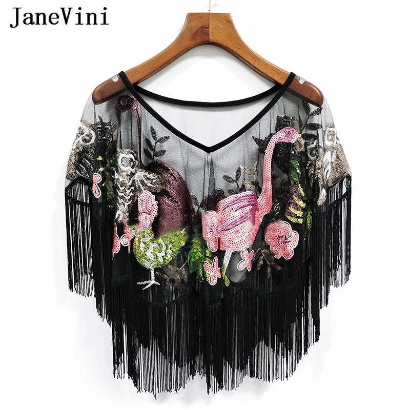 

JaneVini Retro 1920s Beaded Sequin Shawl Vintage Flapper Evening Cape Pink Flamingo Black Tulle Wedding Bolero Boda Women Jacket