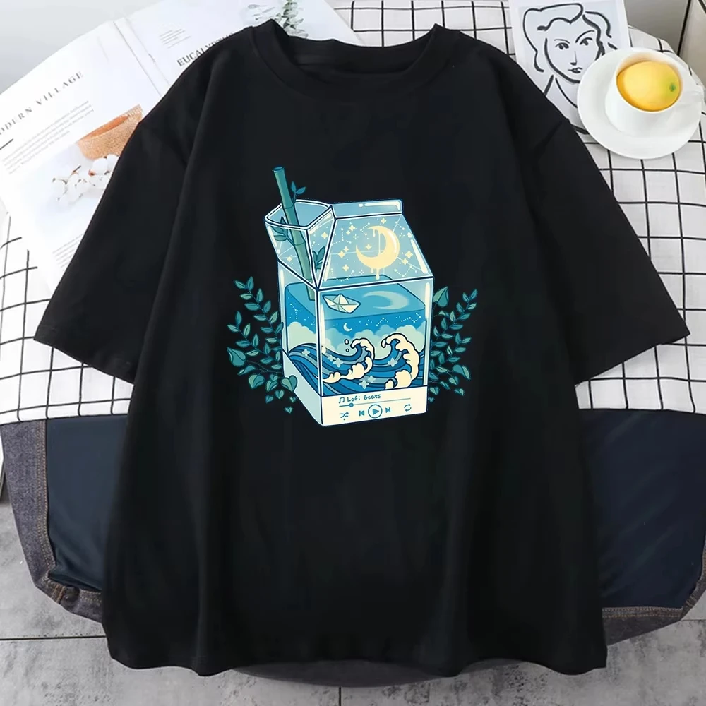 Milk Box Moonlight Wave Print Clothing Creative Casual Round Neck T-shirt Full Math Breathable Short Sleeve Women Clothing Y2K