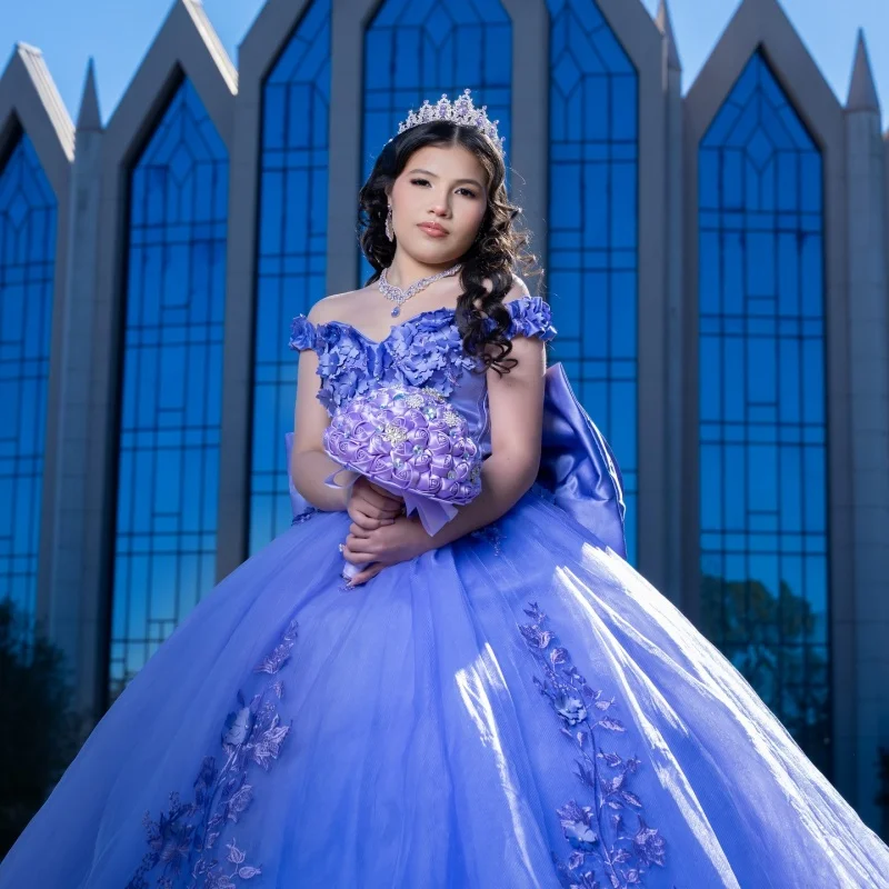 

Purple Quinceanera Dresses Off the Shoulder 3D Flower Decal Long tail Bow Vestido e 15 Quinceanera Customize