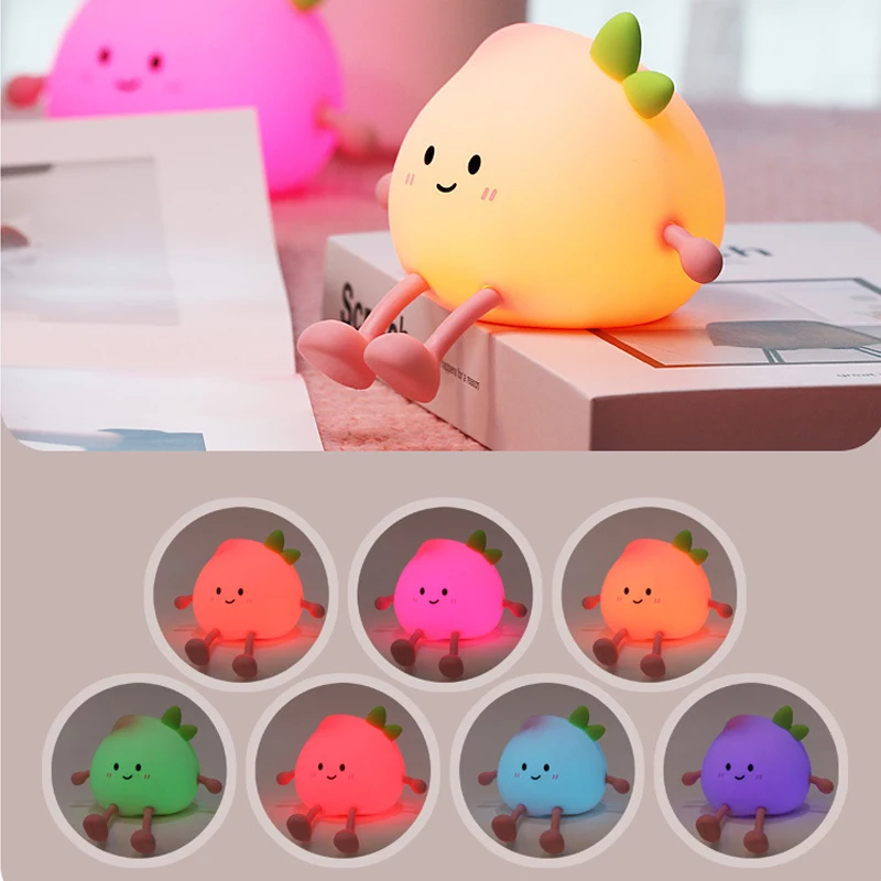 Cute Peach Pear Fruit Night Light USB Rechargeable Dimming Touch Silicone Lamp Bedroom Bedside Decoration Couple Gift Boby Light