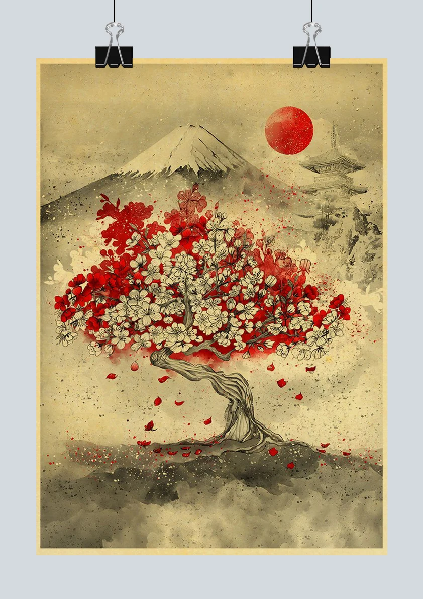 Classic Japanese Art Red Sun Landscape Silhouette Anime Geisha Koi Cat Kraft Poster Decoration Home Room Picture Wall Sticker