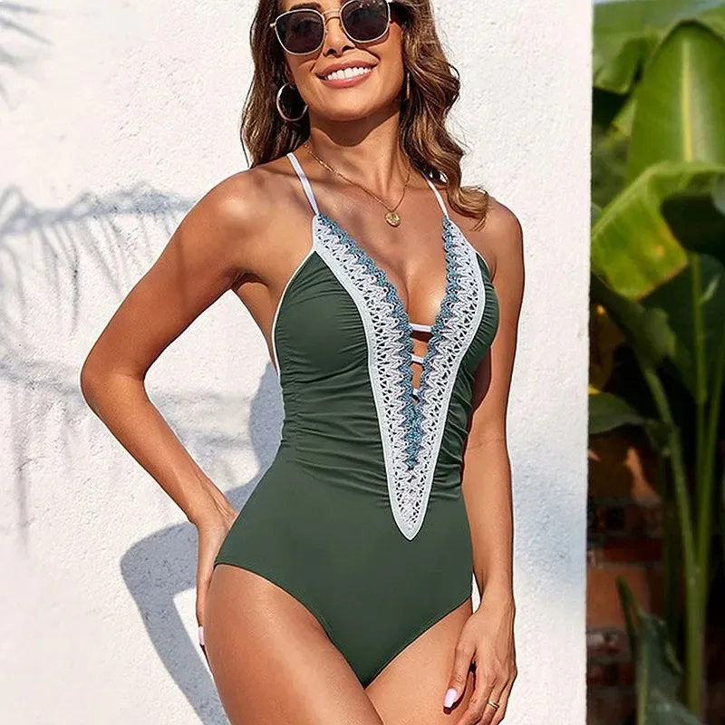 2026 Women Deep V Backless Tie Knot Slim One Piece Swimsuit Sexy Beachwear for Summer Beach Pool Wear