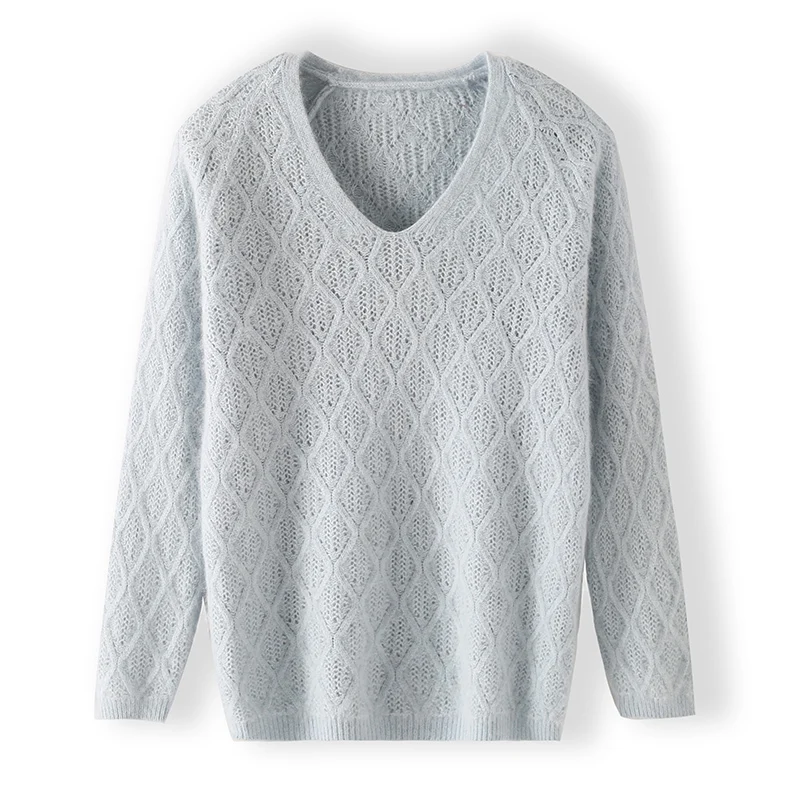 

Autumn Winter New Women's V-Neck Sweater 100% Mink Cashmere Hollow Warm Pullover Knitted Base Sweater Loose Versatile