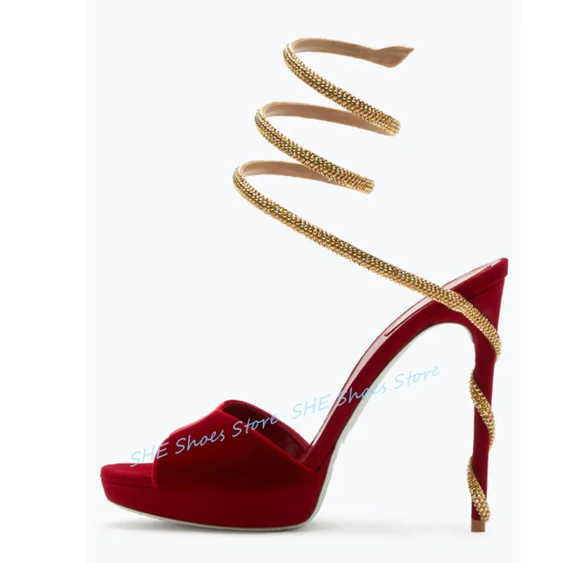 

Luxury Rhinestone Ankle Cross Wrapped Women Sandals Red Velvet One-Strap Peep Toe High Heel Pumps Ladies Gladiator Shoes