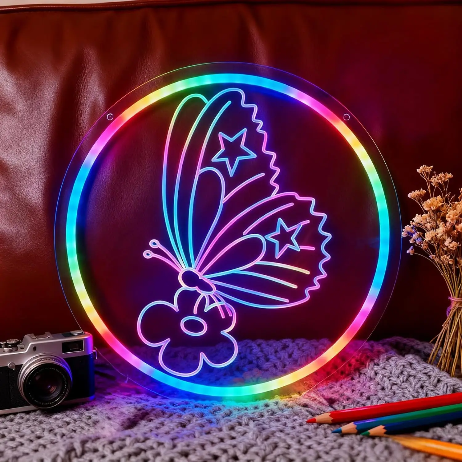 

Красочная неоновая LED-лампа в виде бабочки и цветка для декора стен, USB, с регулировкой яркости, радужная неоновая вывеска для комнаты девочки, спальни, волшебный тематический подарок