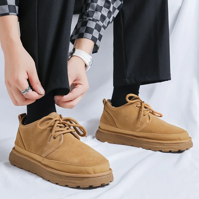 

2025 зимняя обувь из натуральной кожи, мужские зимние ботинки на плоской подошве, нескользящие теплые плюшевые модные замшевые мужские брендовые ботильоны DX668