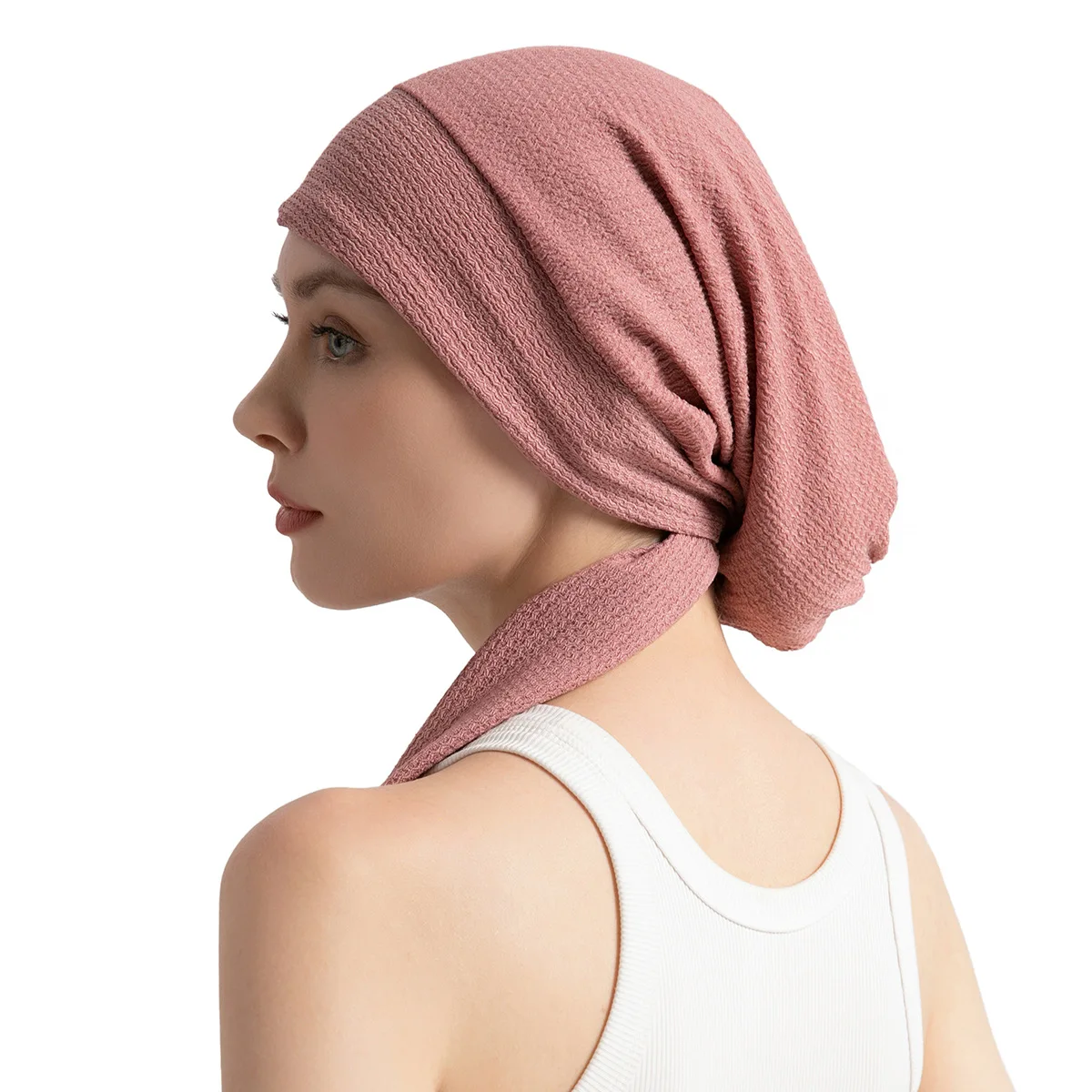 Solid Color Turban Hijab Hats Long Tail Head Wraps Elastic Muslim Hats Breathable Chemo Cap For Women Girls