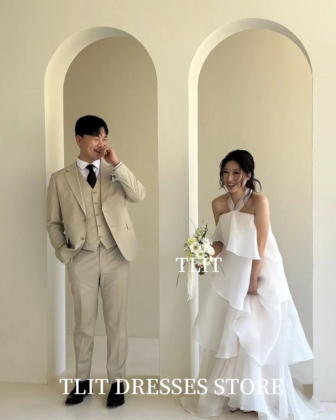 TLIT Elegant สีขาวชีฟองฉัตรชุดแต่งงาน Halter ชุดเจ้าสาวเกาหลีชุดแต่งงานถ่ายภาพที่กําหนดเอง