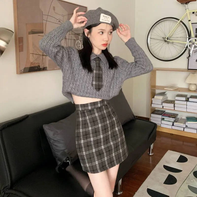 

Korea Two-Piece College Style Autumn Winter New POLO Collar Twist Knitted Short Long-Sleeved Sweater Plaid Skirt Women'S Suit