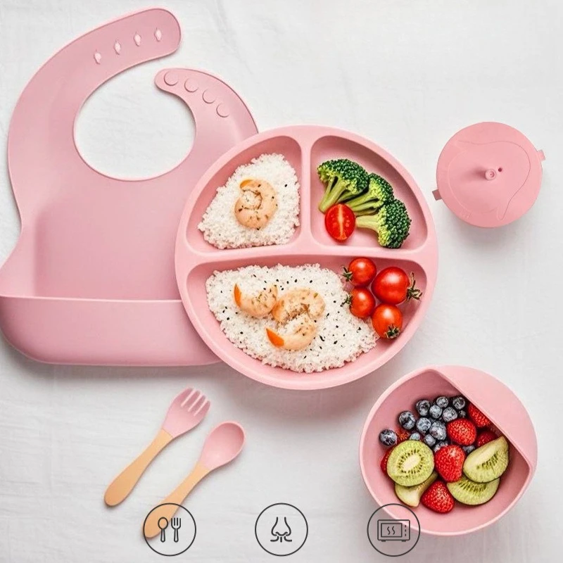 

Набор детской посуды: нагрудник, ложка, вилка, миска для прикорма, набор для кормления младенцев, набор для мамы и малыша, шестикомпонентный комплект