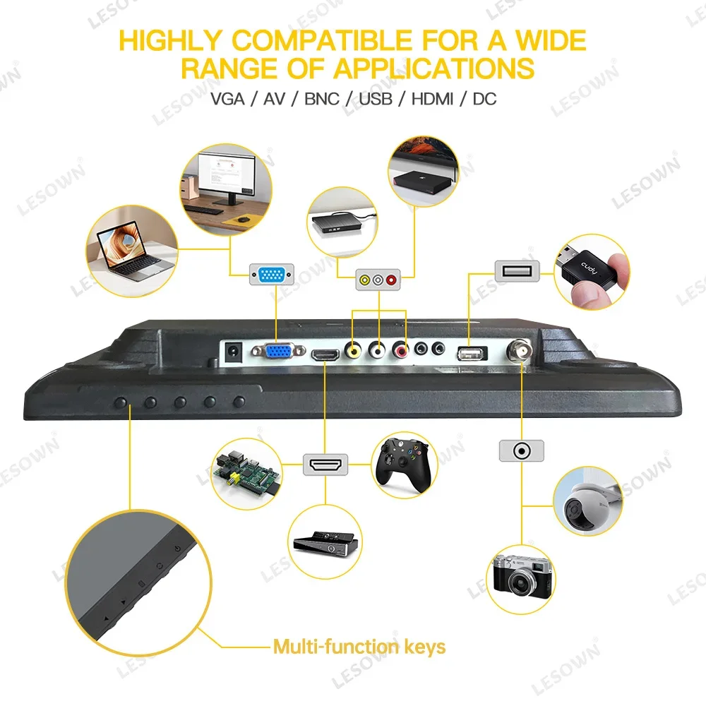 LESOWN TN Screen Monitor 15 inch 1024x768 AV/VGA/BNC/USB/HDMI Port Touchscreen Industrial Display with Controller for PC CCTV