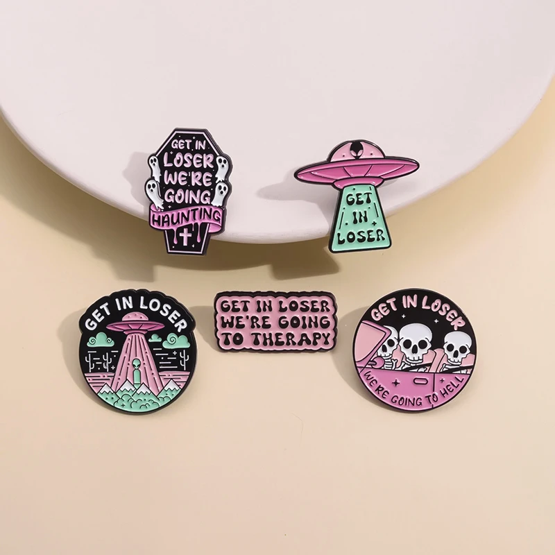 Get In Loser UFO Enamel Pins Alien Space Brooches Lapel Badge Clothes Backpack Pin Halloween Gothic Jewelry For Kid Friends