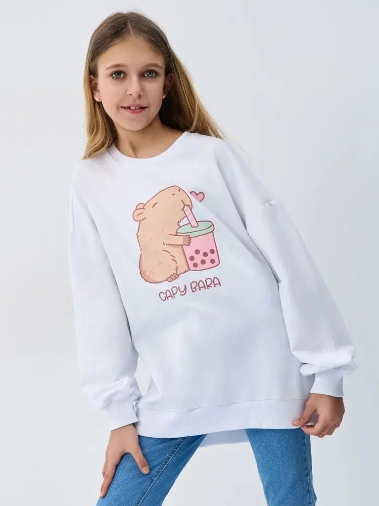 สาวรัสเซียน่ารักเสื้อสีขาวน่ารักกระรอกการ์ตูนพิมพ์เสื้อแขนยาว Oversize ขนาดใหญ่หญิงสาวสบายๆ